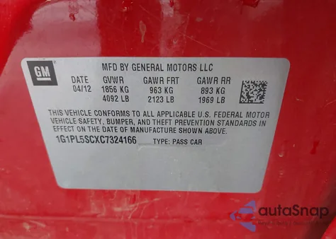 2012 Chevrolet Cruze 1Lt z USA, uszkodzony, nr VIN 1G1PL5SCXC7324166